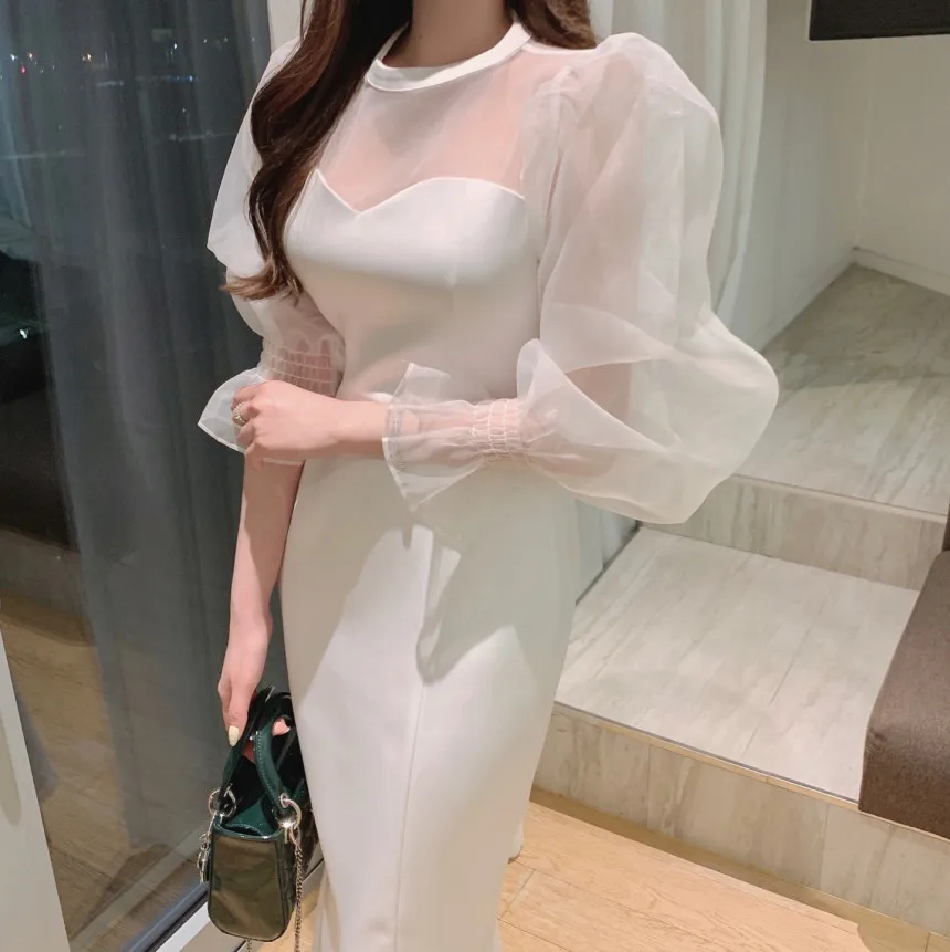 

Women's Korean-style Crew-neck Dress Splicing Mesh Micro-transparent Trumpet Sleeve Waist Slimming Solid Color Fishtail Dress