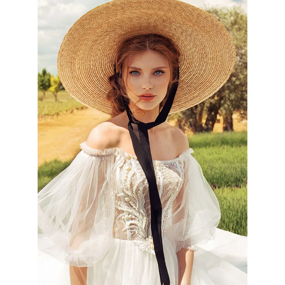 

women elegant straw wide brim chic straw hat with long ribbon Picnic boater wedding straw hat vacation sun hat beach summer hat