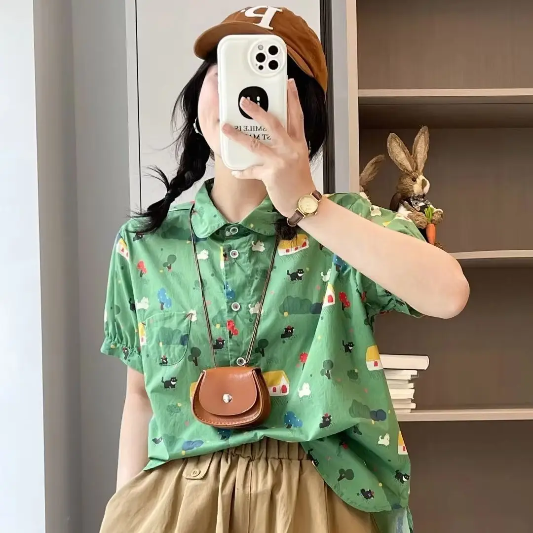 Harajuku fashion white green navy blue cartoon print shirts and blouses for women summer Japan style kawaii oversized shirts