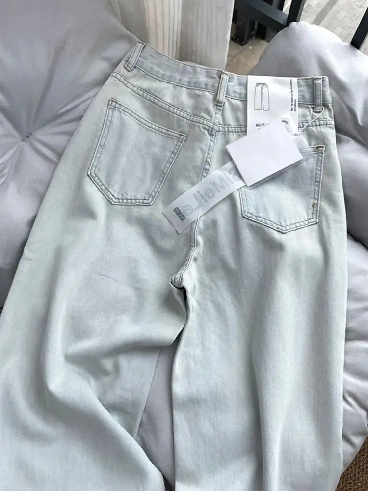 Pantalones vaqueros de pierna ancha con lazo de diamante, pantalón vaquero recto de cintura alta, Retro, azul claro, informal, para primavera y verano