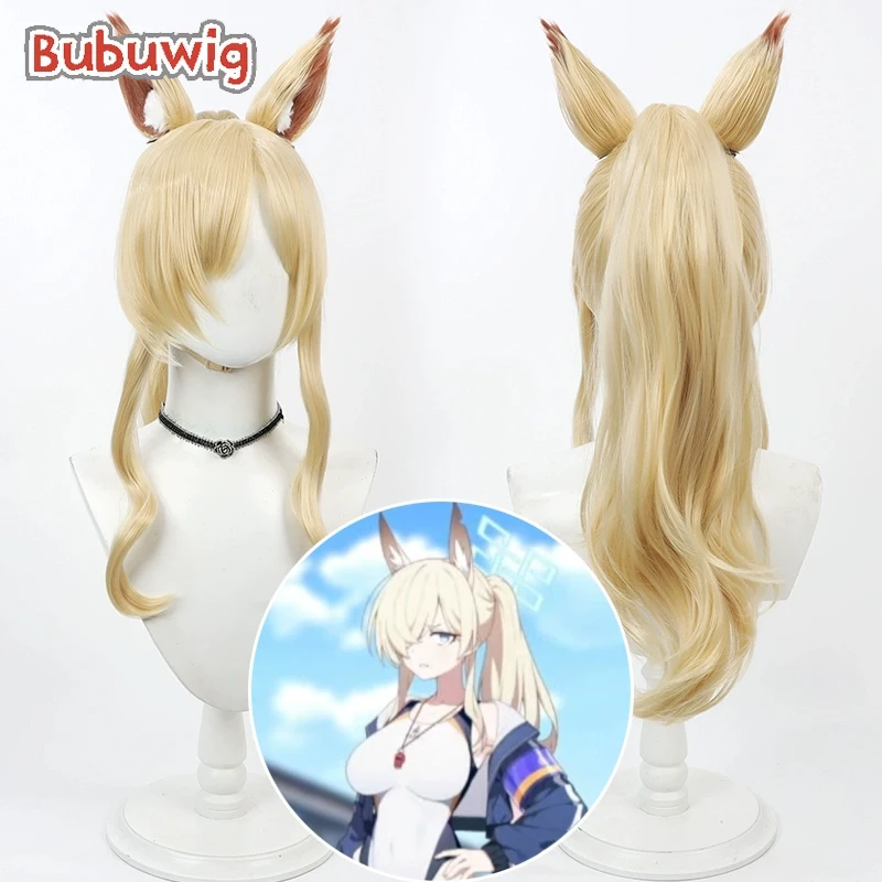 Bubuwig Kunsthaar ‌ Ogata Kanna Cosplay Perücken Blue Archive Ogata Kanna 60 cm lange gewellte blonde Pferdeschwanz-Cos-Perücken hitzebeständig