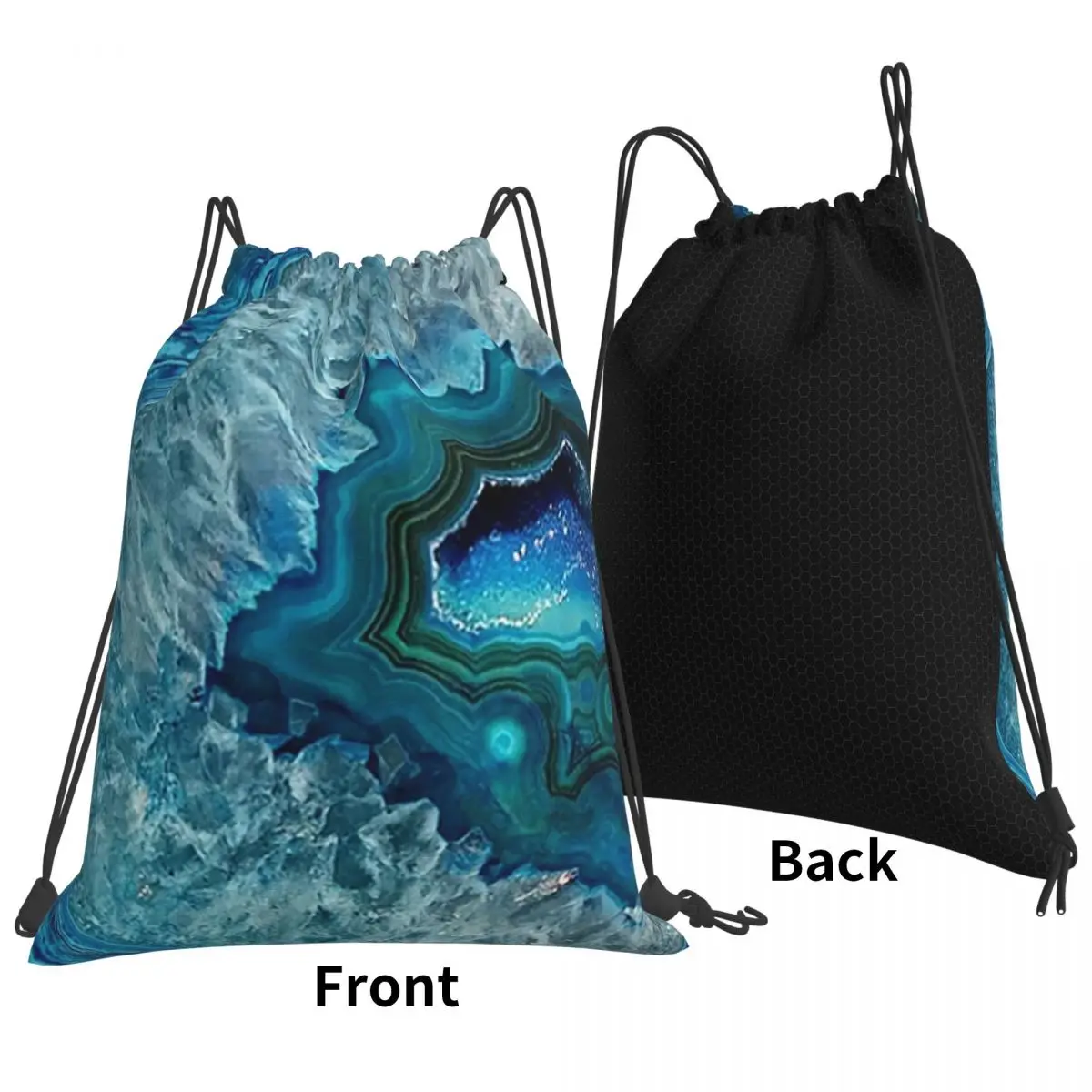 Teal Aqua Turquoise Blue Rock Agate Mineral Crystals Pattern Backpacks Drawstring Bags Sports Bag Book Bags for Man Woman School