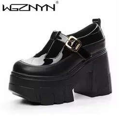 NEW Patent Genuine Leather Breathable Buckle Platform Autumn Pumps Summer Ankle Boots 10cm Chunky Heels Mary Jane Spring Shoes