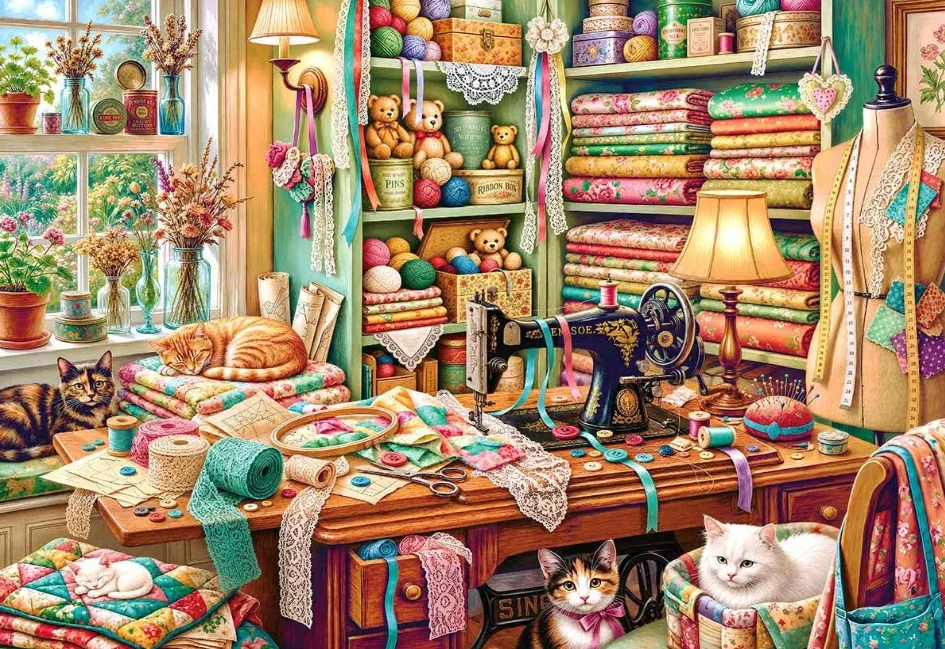 Jigsaw Puzzle 500/1000/1200/2000PCS Sewing Room Cute Cats Vintage Sewing Machine Fabric Yarn DIY Assembly Home Wall Decor