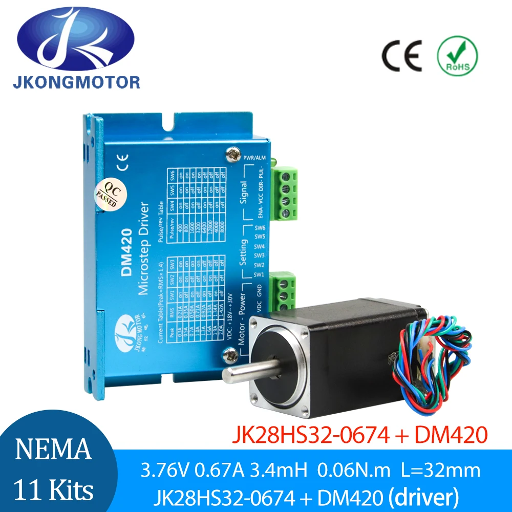 

Jkongmotor Nema11 Комплект шагового двигателя Гибридный шаговый двигатель 2-фазный 0,67 А 6 Нсм 28x32 мм + DM420 для 3D-принтера DIY