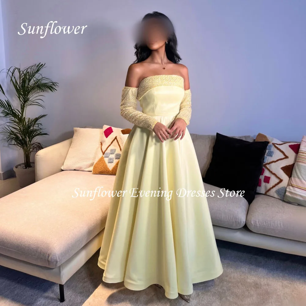 

Sunflower Strapless Prom Gown Lace A-LINE Evening Dress Slim Satin Party Dress 2023 Long Sleeve Ankle-Length Custom