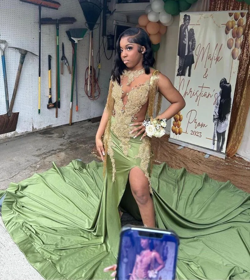 Vestido formal africano para mulheres, apliques de cristal brilhante, recepção de aniversário, vestido de formatura verde e do exército, garota negra