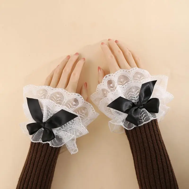 1 Pair Women Lolita Wrist Cuffs Ruffled Lace Bowknot Hand Sleeves Maid Cosplay Bracelet Accessory for Daily & Party Wear