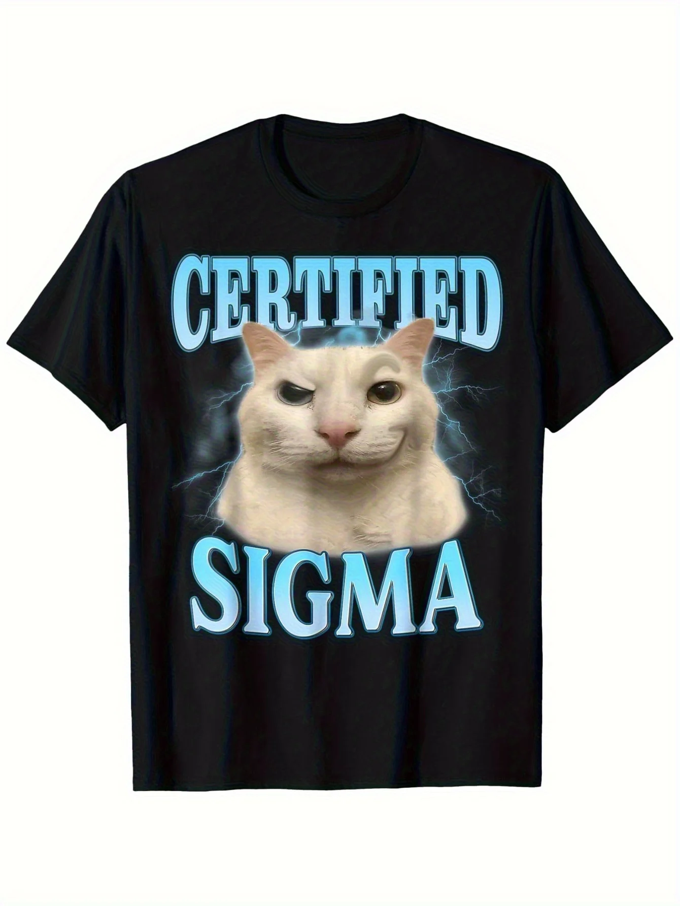 Zertifiziertes Sigma Herren-T-Shirt mit lustigem Katzen-Meme – humorvolles, sarkastisches Design mit weißer Katze und blauen Buchstaben, 100 % Baumwolle, leicht und atmungsaktiv