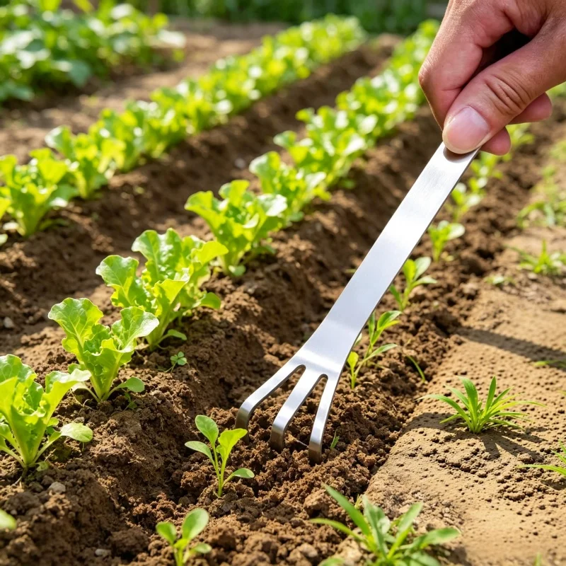 Stainless steel weeding tool - double-ended gardening hand rake - used for loosening soil and weeding in potted plants