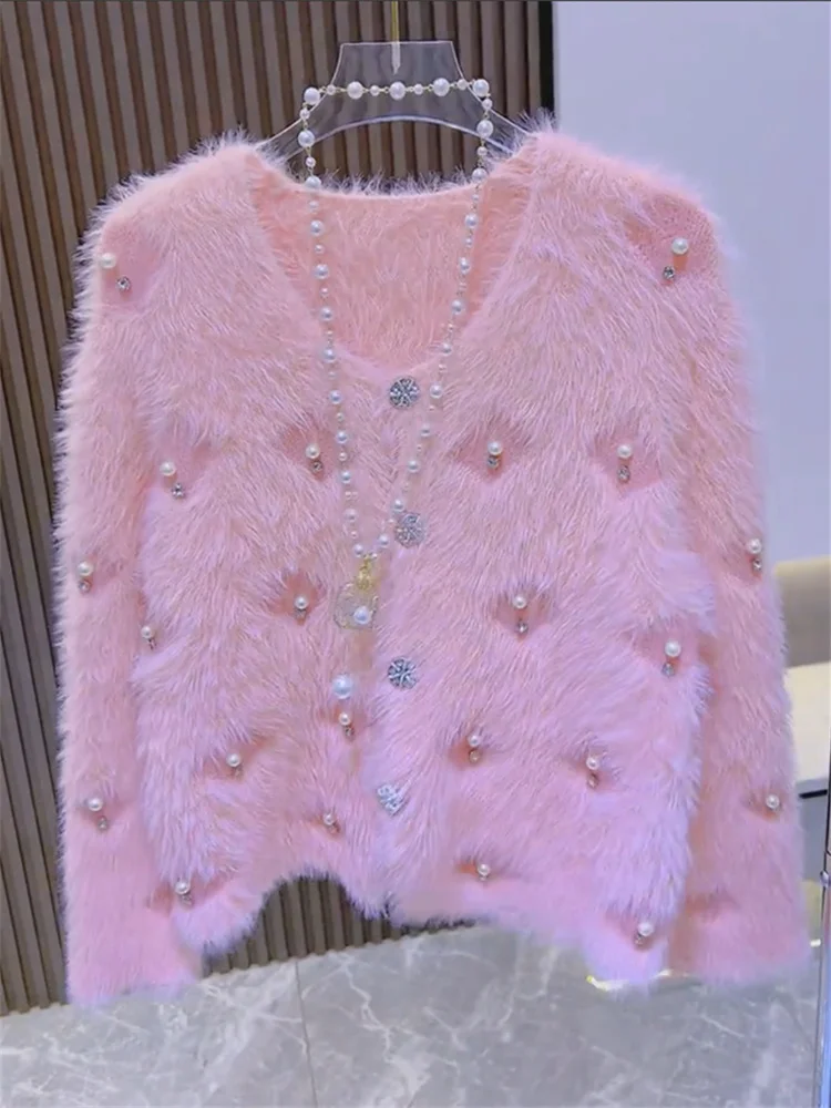 Heavy Embellished Long Sleeve Knitted Sweater Cardigan Women's Autumn Winter Design Sense Artificial Mink Fur Fashion Outerwear