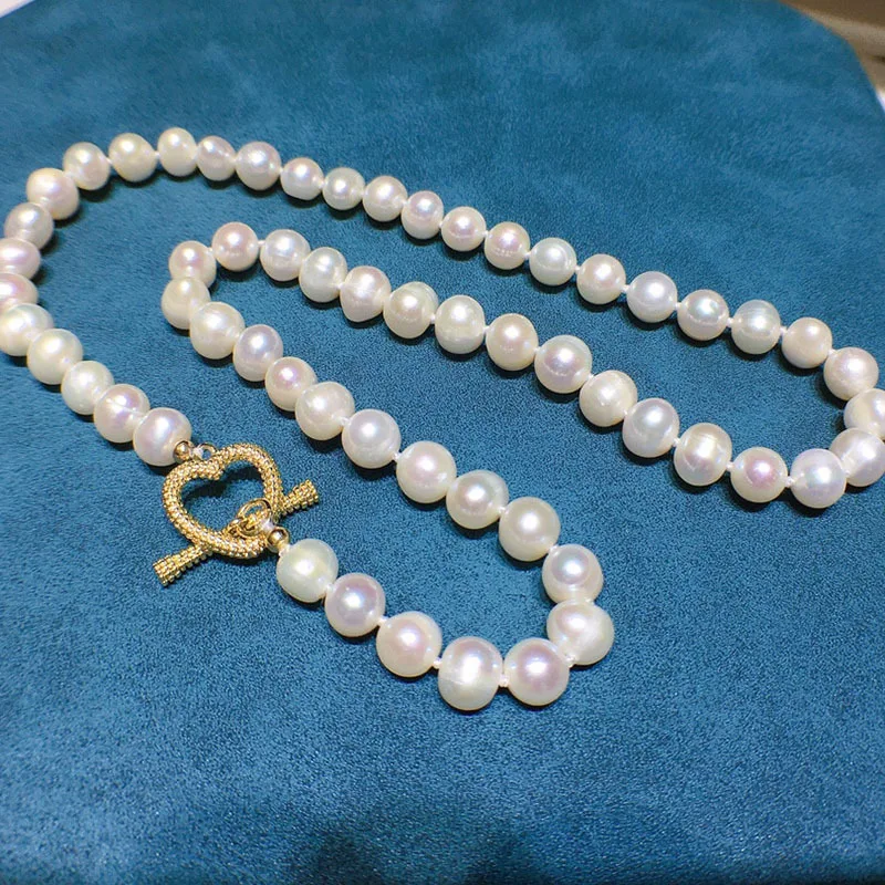 Natural 7-8mm white freshwater pearl necklace bracelet set  fashionable love OT buckle design