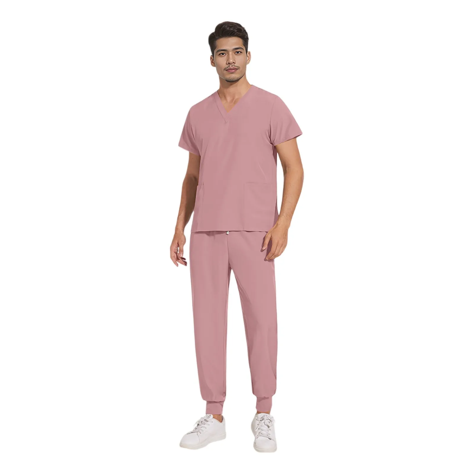

Men'S Pink V-Neck Medical Place Suit Men'S Comfortable Suit Hospital Work Short-Sleeved Cuffs Simple Professional Clothing