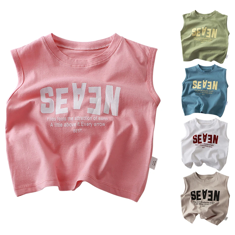 

Kids Korean Style Wide Shoulder Tank Tops Boys Girls Sleeveless Summer Letter Print Tee Comfortable Children Casual Clothing