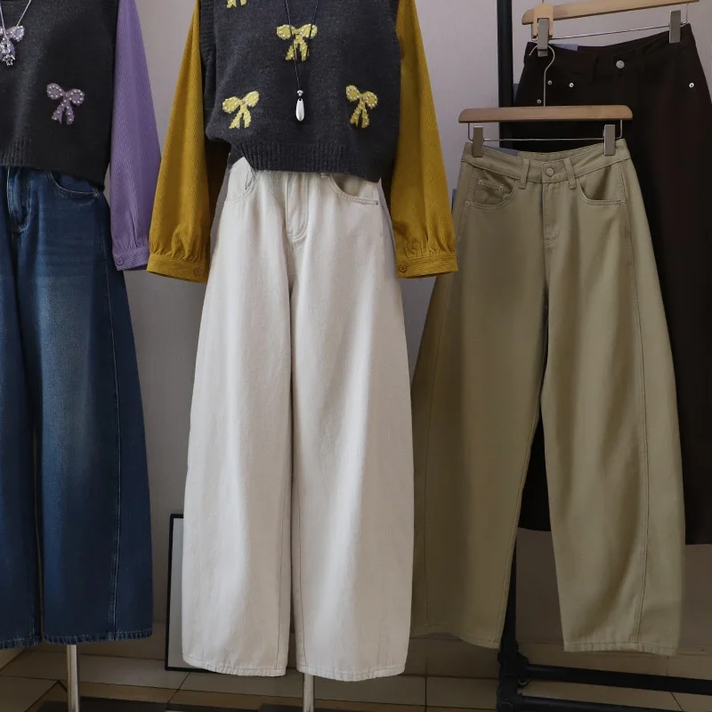 

Khaki Color Knife Jeans Women Loose Hip Covering Banana Pants Spring Autumn New High Waist Slimming White Wide Leg Long ...