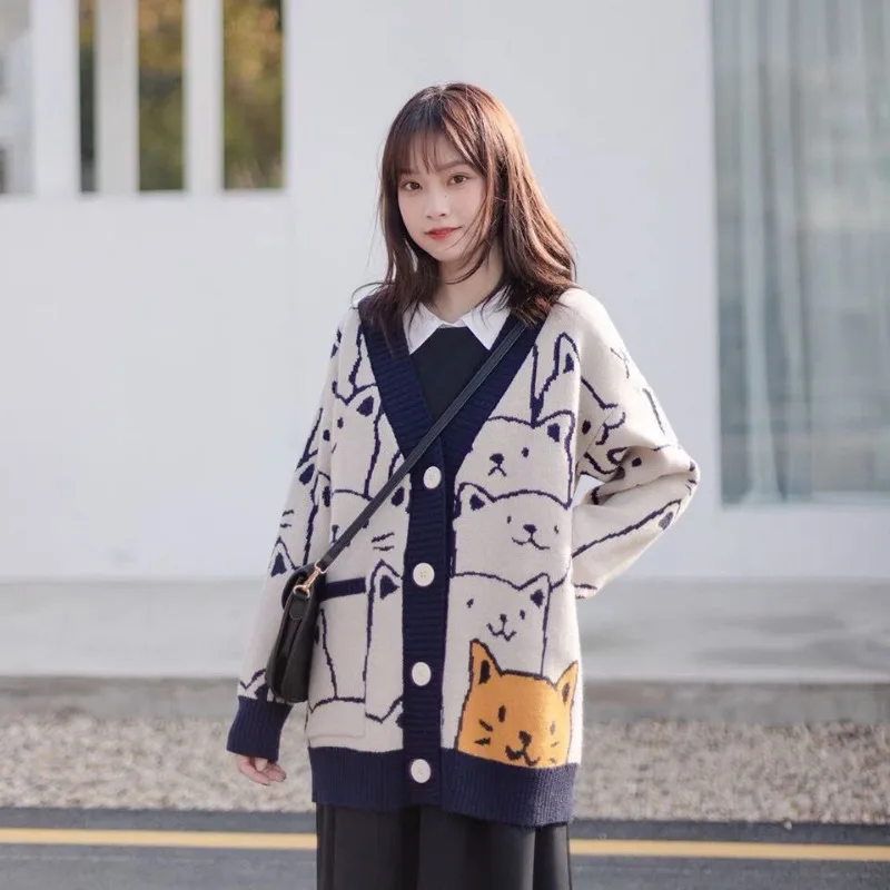 Preppy Style V-neck Knitting Cardigan Women Autumn Winter Sweet Jacquard Sweater Coat Simplicity All-match Cute Knitwear Tops