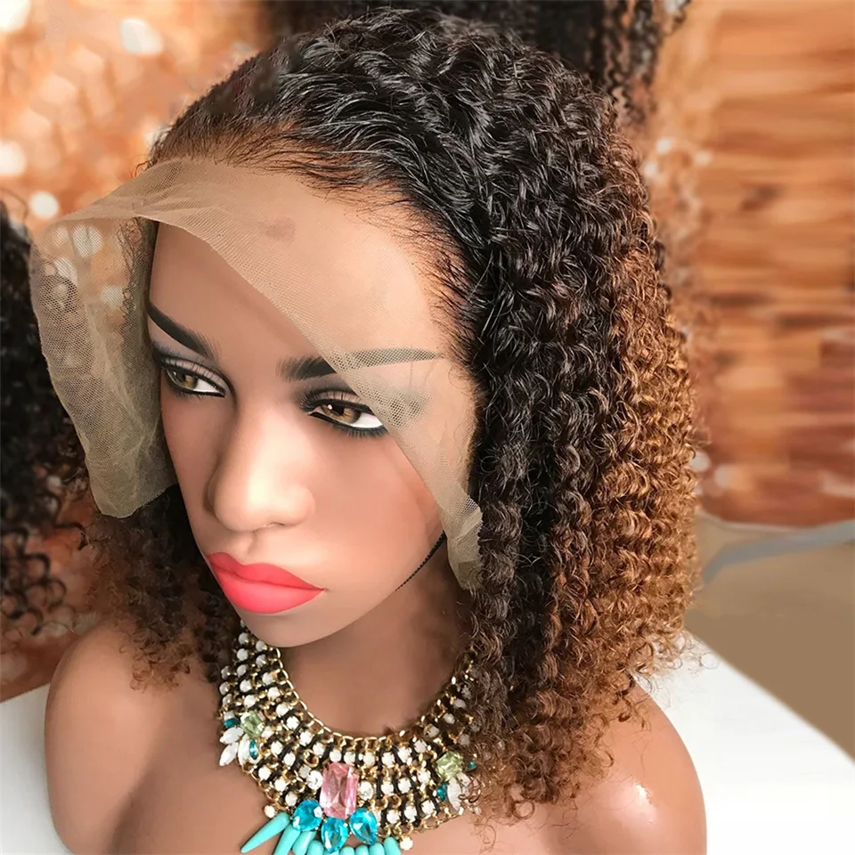 Afro Kinky Curly Human Hair Wigs For Women 13x6 Lace Front Wig Ombre 1B 27 Ombre Honey Blonde Pre plucked Transparent Lace Bob