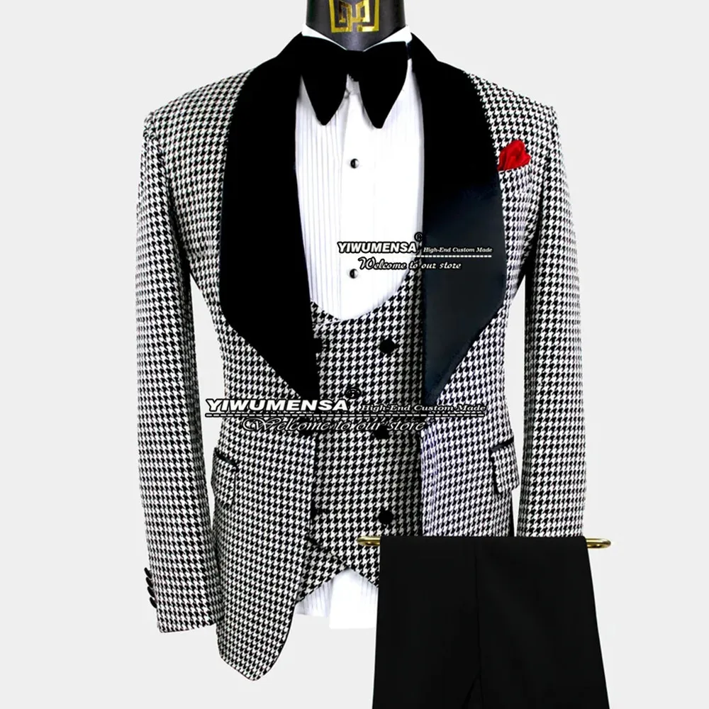 

Real Photo Wedding Suits For Men Tweed Wollen Plaid Check Jacket+Vest+Black Pants Formal Party Tuxedo Trajes De Hombre Masculino