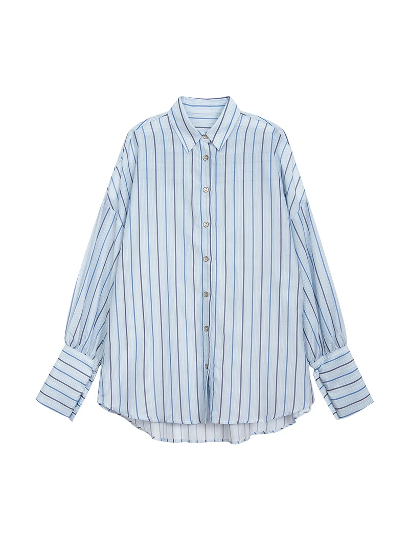 SuyaDream Women Striped Shirts Drop Sleeves Loose Chic Blouses 30%Silk 70%Cotton 2023 Spring Summer Printed Top Light Blue