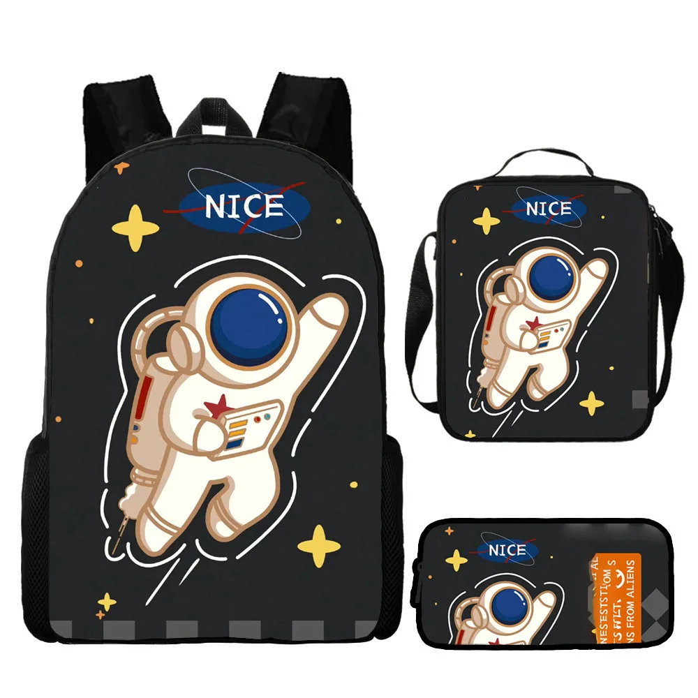 Cartoon Out Space Astronaut School Backpack for Teens Kids Bookbag Set with Lunch Box Pencil Case Travel Laptop Backpack