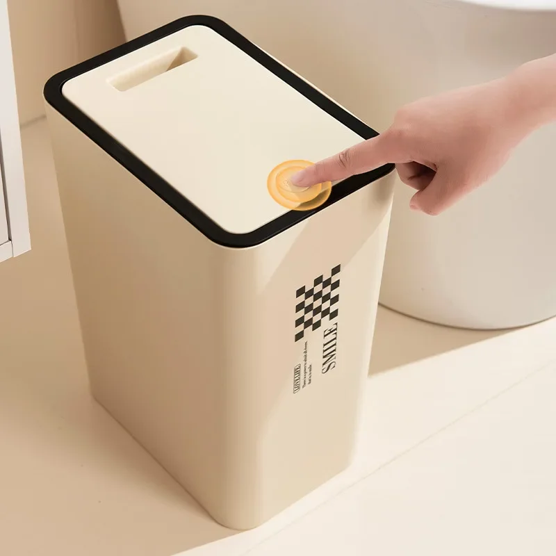 

Кремовый квадратный мусорный бак для домашнего использования, высокая косметическая кухня, ванная комната, гостиная, креативный с крышкой, большой сшитый мусорный бак