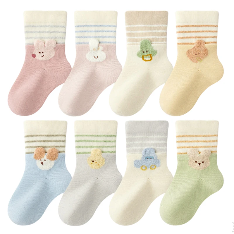 4 Pairs Cartoon Animal Baby Socks Striped Cuff Mid Calf Kids Socks Cotton Infant Socks for Newborn Toddler Boys Girls