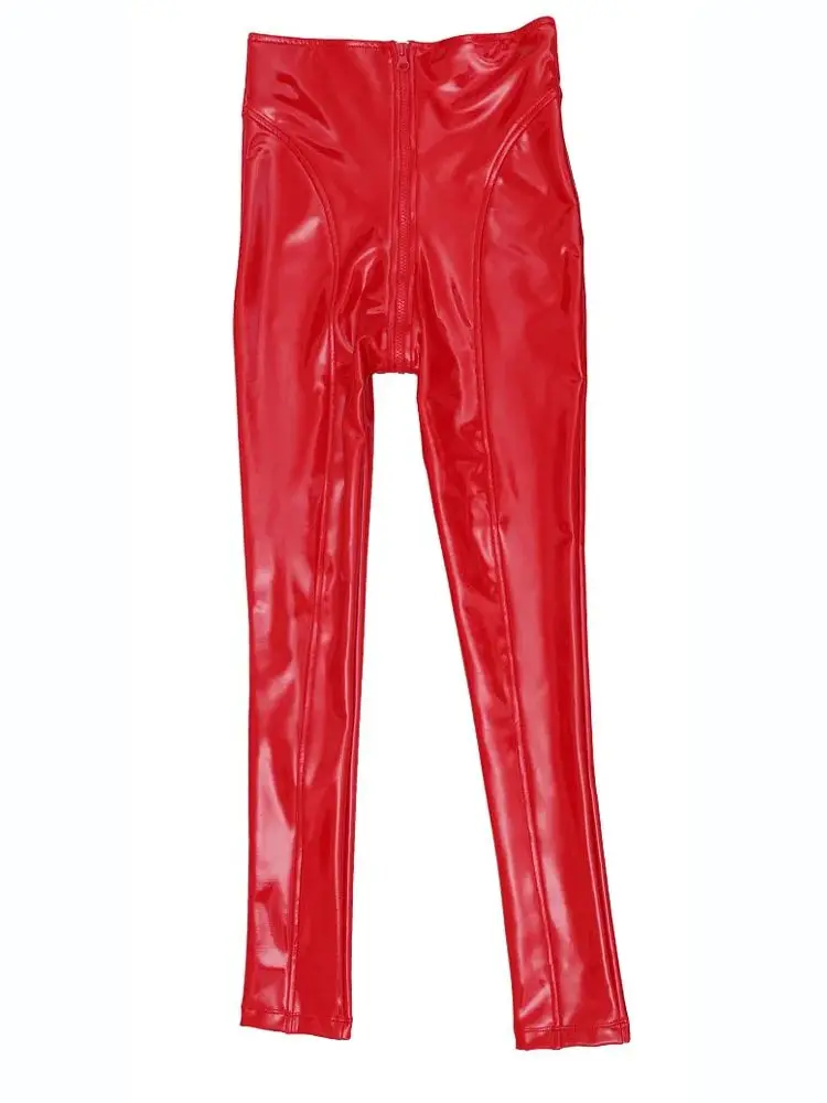 High Waist Shiny Faux PU Leather Pencil Pants Wet Look PVC Leggings Zipper Crotch Trousers Tights Sexy Collant Pantalon Spodnie