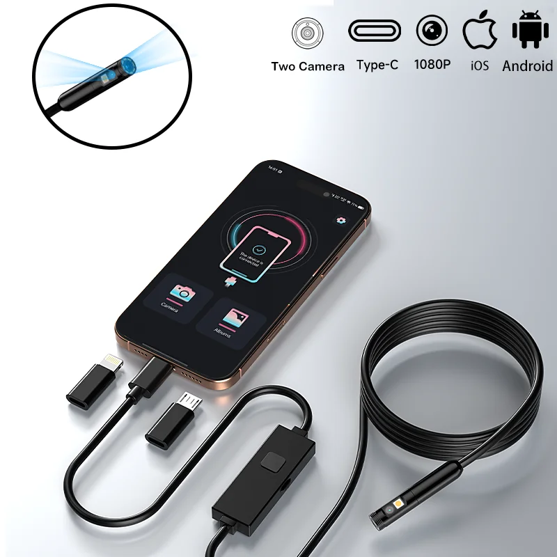 3IN1 Micro Single Dual Camera Industrial Endoscope Waterproof Pipe Inspection Borescope with 8 LED 8MM Endoscope for iOS/Android