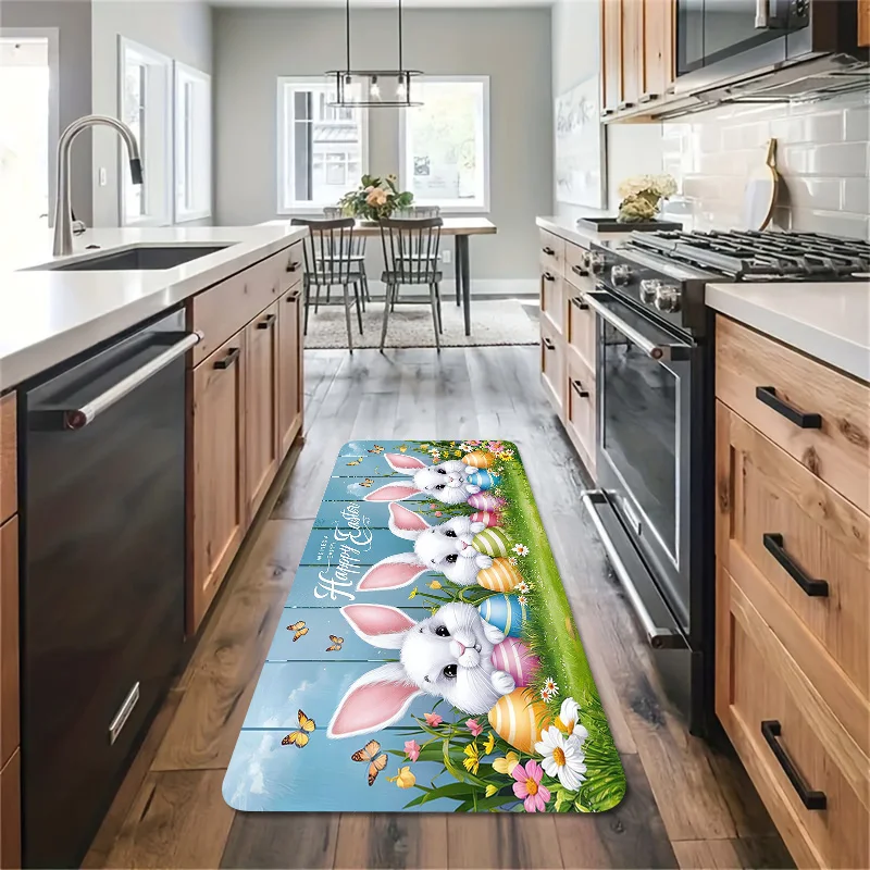 Easter Bunny Eggs Butterfly Kitchen Mat Home Decor Washable Corridor Balcony Rugs Bathroom Non-slip Floor Mat Entrance Doormat