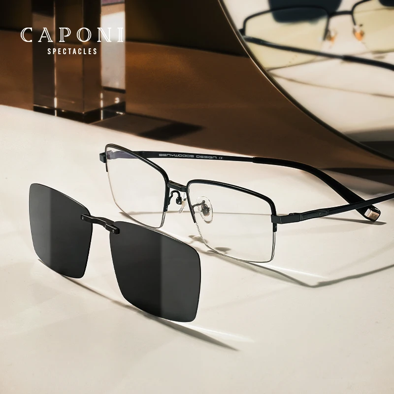 

CAPONI Magnetic Clip Glasses Anti Blue Light Pure Titanium Optical Glasses Men Protect UV400 Polarized Clip Eyeglasses CP21029