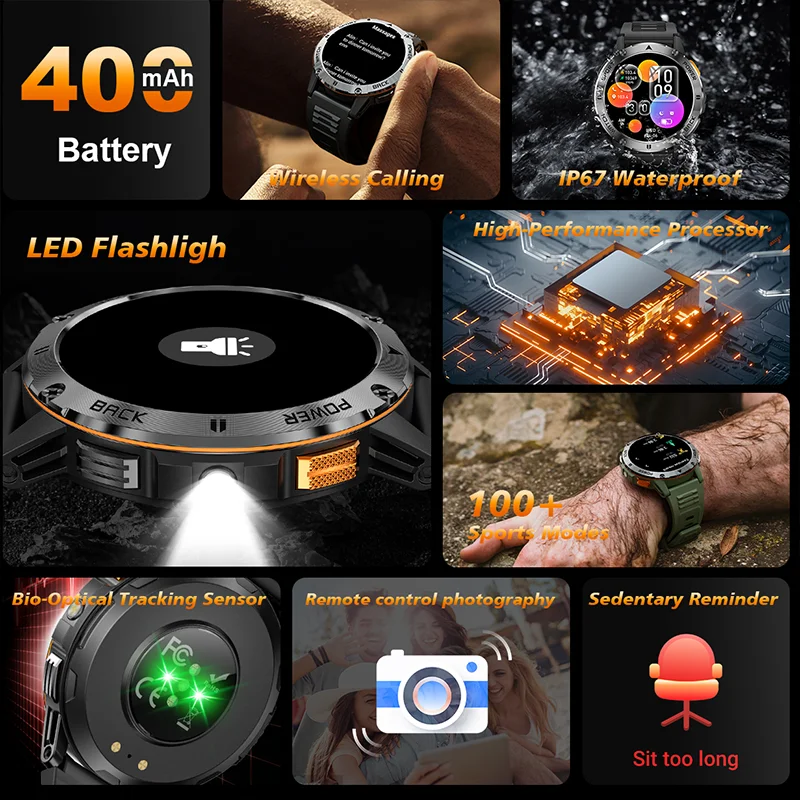 2025 New Outdoor Flashlight Compass SmartWatch BluetoothCall HealthMonitoring Sports Fitness SmartWatch Suitable for Android IOS