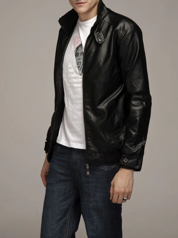 

2025 Spring Autumn Men's PU Leather Jacket Slim Fit Stand Collar Business Casual Korean Style Large Size Outerwear​