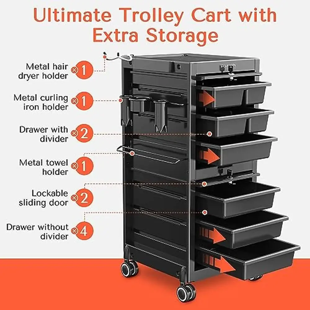 Salon Trolley Cart with 6 Drawers Lockable Design Hair Stylist Rolling Organizer Tool Holders Barber Shop Tattoo Studios