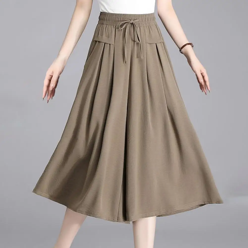 2025 Wide-leg Elastic Waist Pants Stylish Women's High Waist Wide Leg Cropped Pants with Adjustable Lace-up Detail Pockets for L