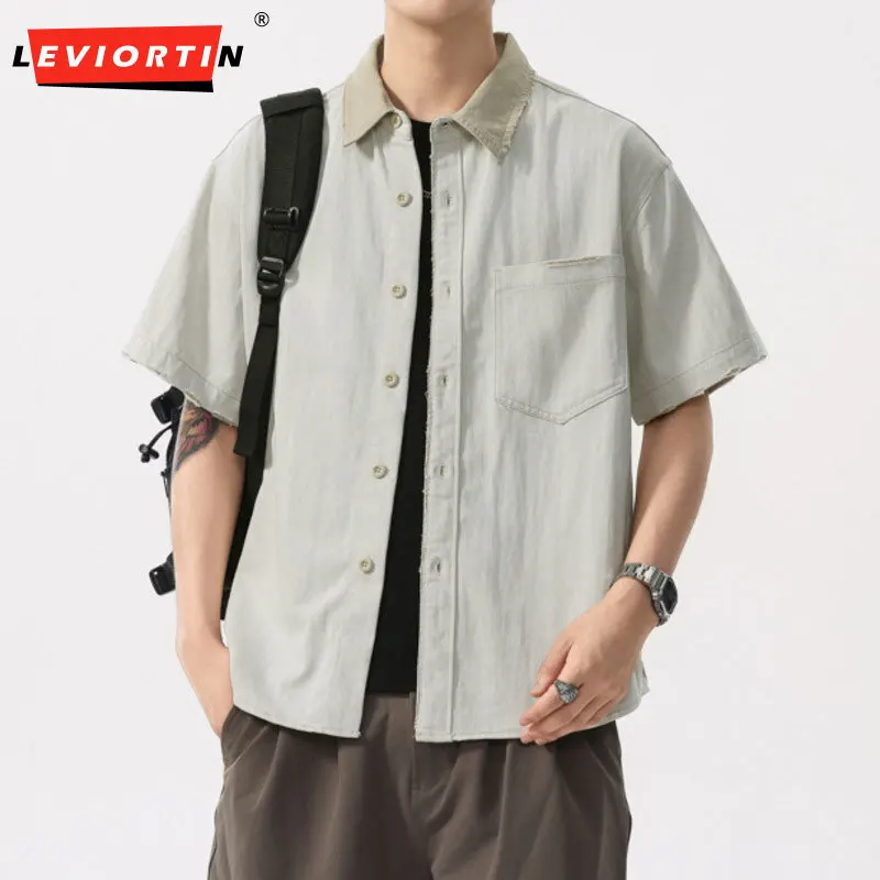 

Мужская летняя новая американская ретро контрастного цвета с воротником, повседневная универсальная свободная влагоотводящая рабочая одежда, рубашка с короткими рукавами, топ