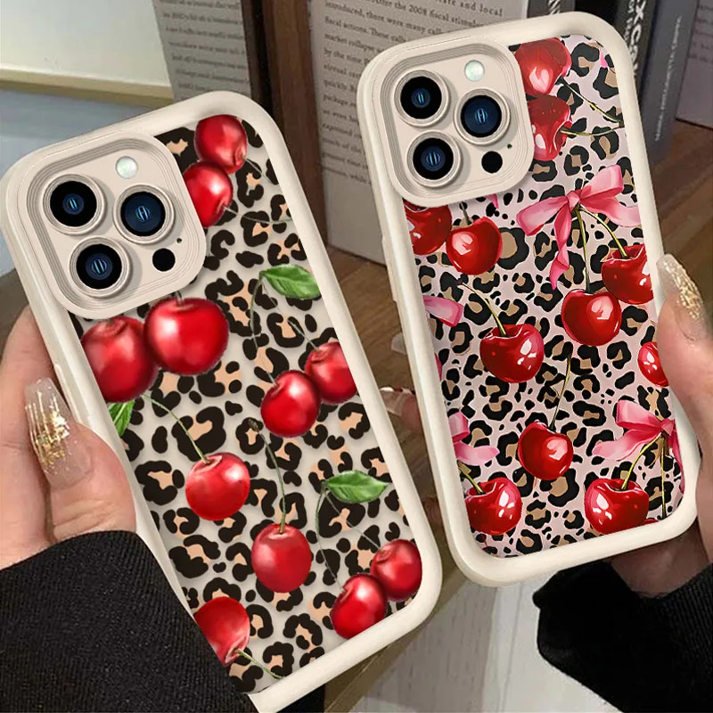 Cherry Leopard Print Bow Case For iPhone 15 16 14 13 12 11 Pro Max X XS X S Max XR SE 2020 7 8 Plus iphone16 Soft Silicone Cover