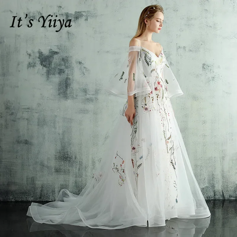 It\'s Yiiya Customized Evening Dress White Tulle Boat Neck Flare Sleeves Appliques Train Plus size Lady Party Gown Robe de soiree