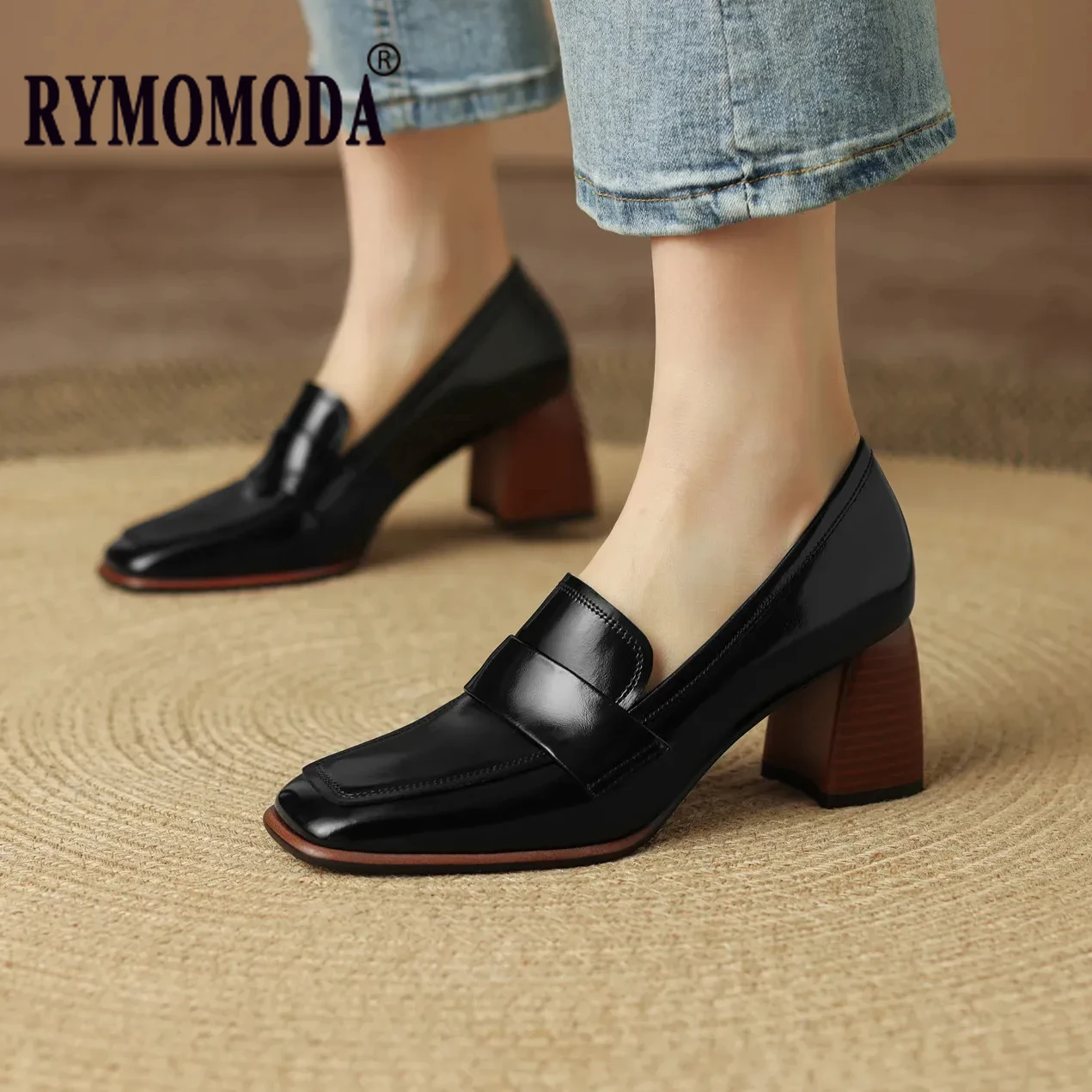 

Sheepskin Pumps Women Shoes 2025 New Trendy Spring Genuine Leather 6cm Block Heel Office Lady Black Handmade Shoe Big Size 41 42