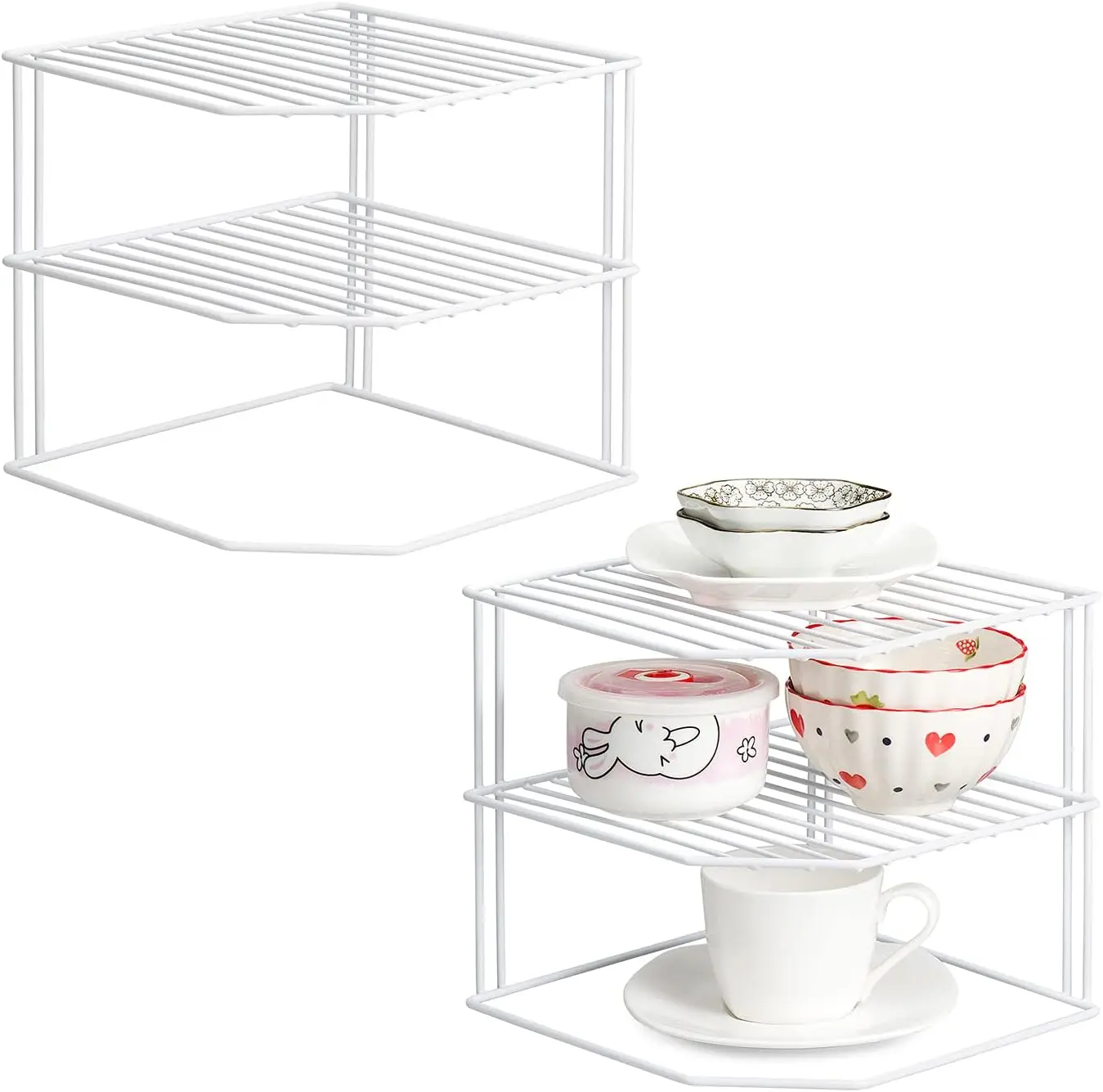 

3 Tier Corner Plate Rack for Kitchen Cupboard Storage - White Wire Shelf Organizer, Pack of 2