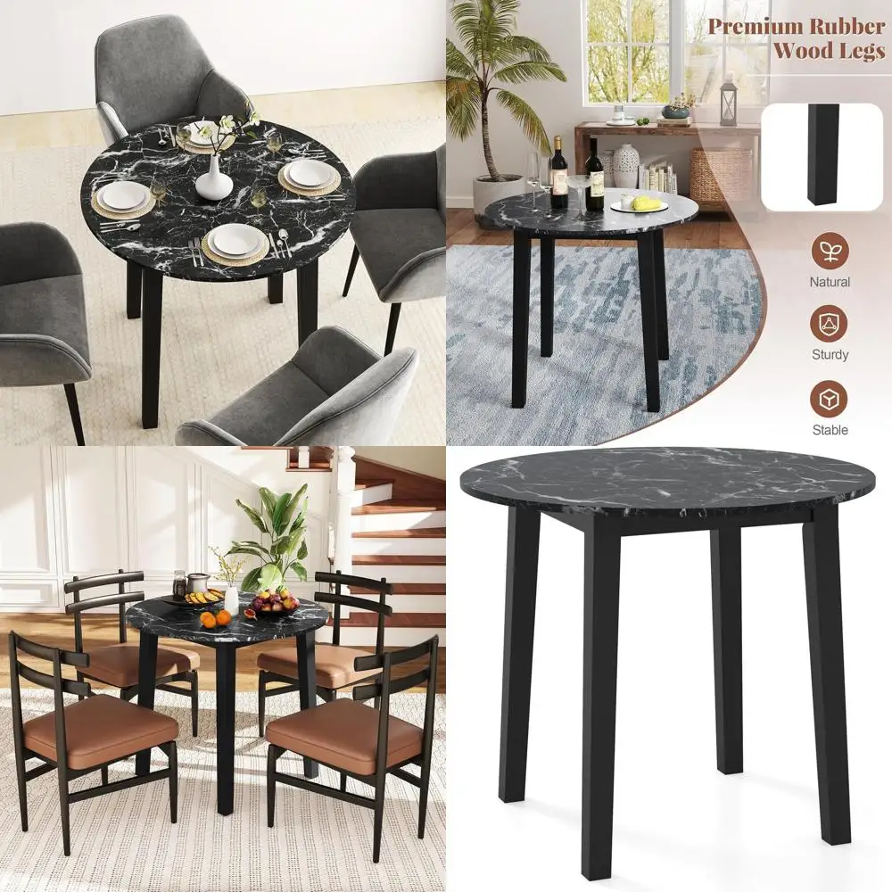 

Marble-Textured Round Dining Table, Rubber Wood Legs, Suitable for 2-4 People, Black