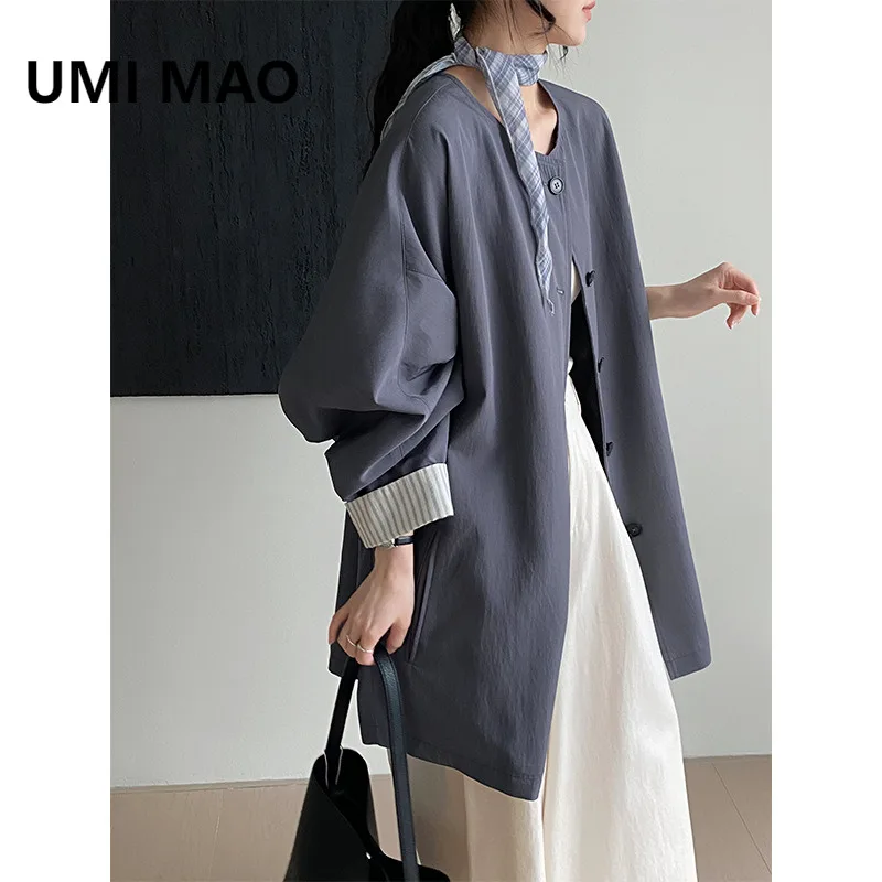 

UMI MAO Trench Coat Korean High-end Round Neck Women's Design Sense Striped Color Blocked Bat Sleeves Loose Mid Length Jacket