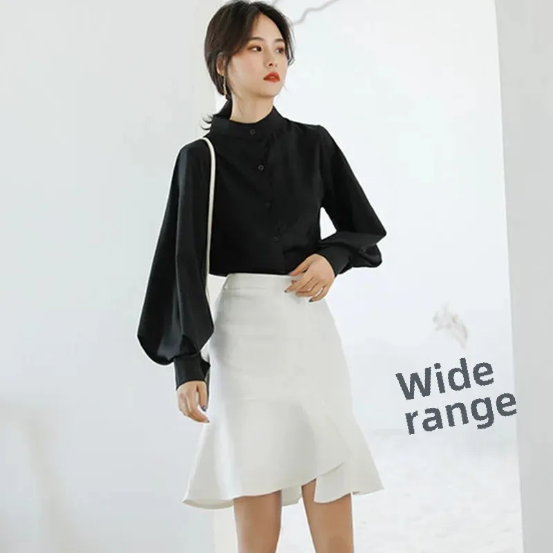 Elegant Hong Kong Style Stand Collar Single-Breasted Lantern Sleeve Women's Shirt New Spring Solid Color OL Commuting Loose-Fit