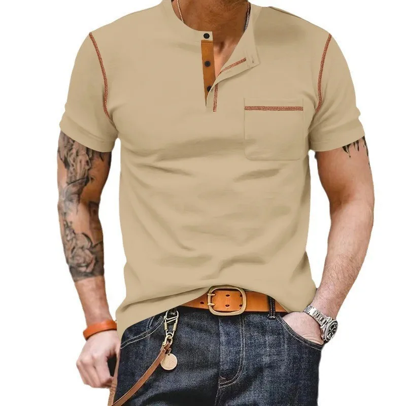 Men T Shirt Blend Pullover Shirt Slim Fit Chest Pocket Contrast Stitching T Shirt Button Placket Menswear Clothing Black