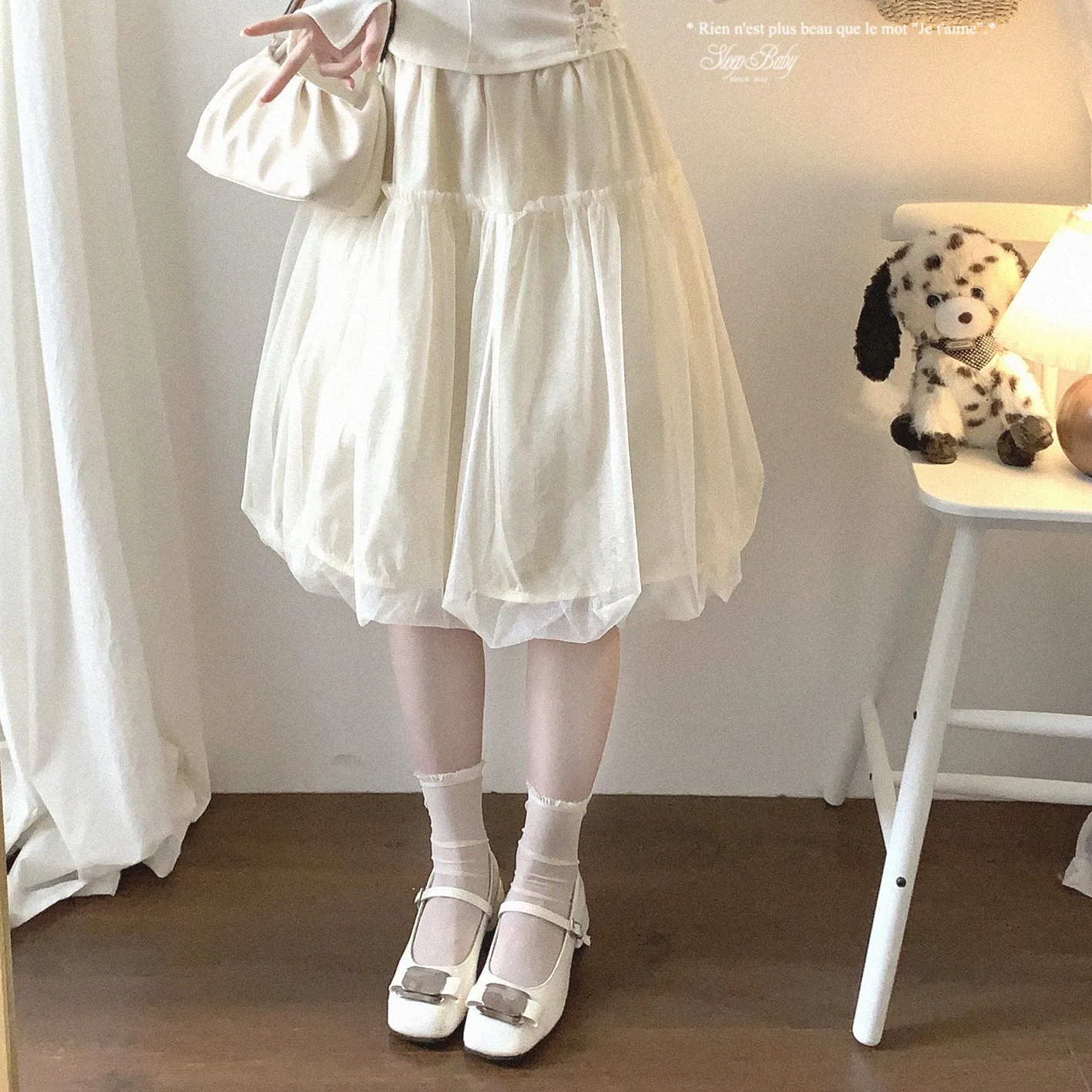 Lolita Girls Sweet Ruffled Patchwork Soft Double-Layer Tulle Puff Midi Skirt for Women Fluffy Silhouette Vintage Aesthetic Dress