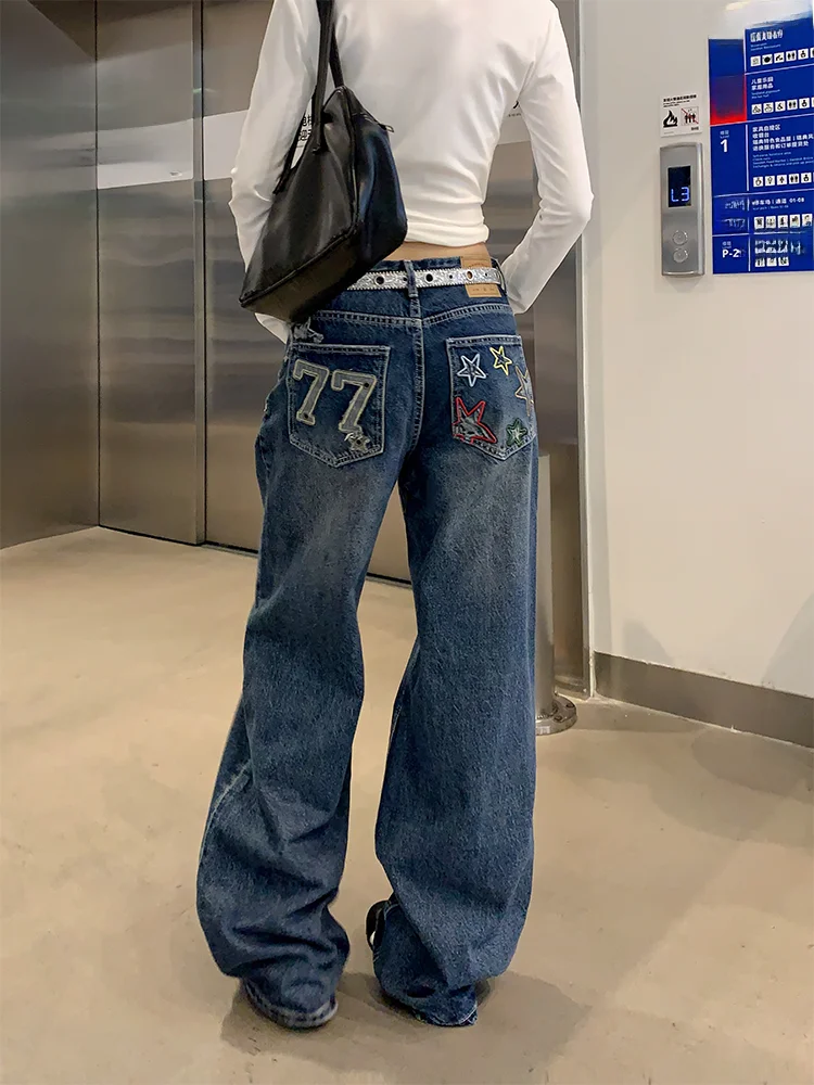 

Американские джинсы большого размера в стиле ретро, женские пряные брюки с вышивкой букв и высокой талией, прямые брюки, повседневная одежда, всесезонные
