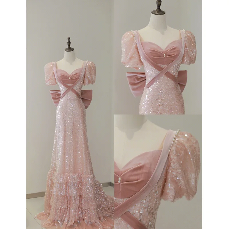 

Pink Sequin Banquet Evening Dress Women Puff Sleeves Big Bow Pearl Shiny Blingbling Performance Dresses Exquisite Prom Gown