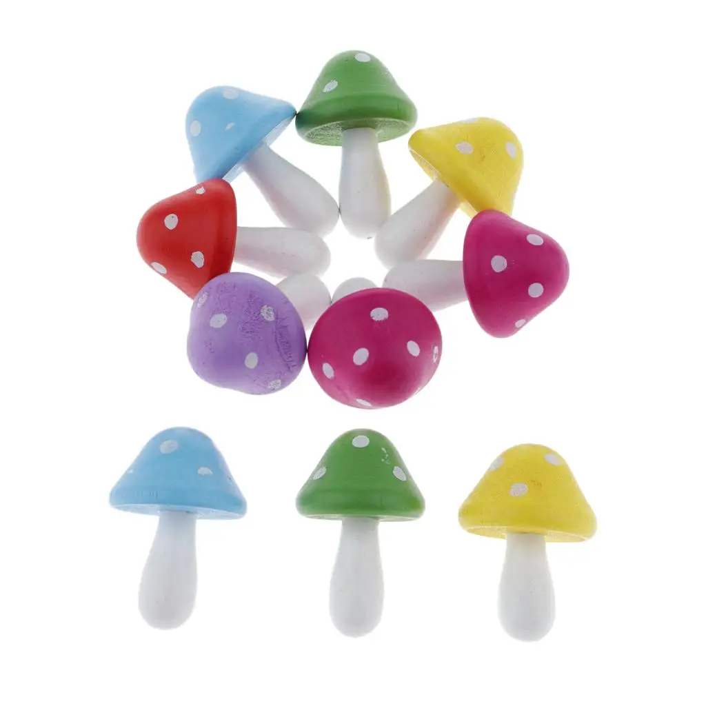 10pcs Colorful Wooden Mushrooms Decorative Figurines Statue Crafts Decors