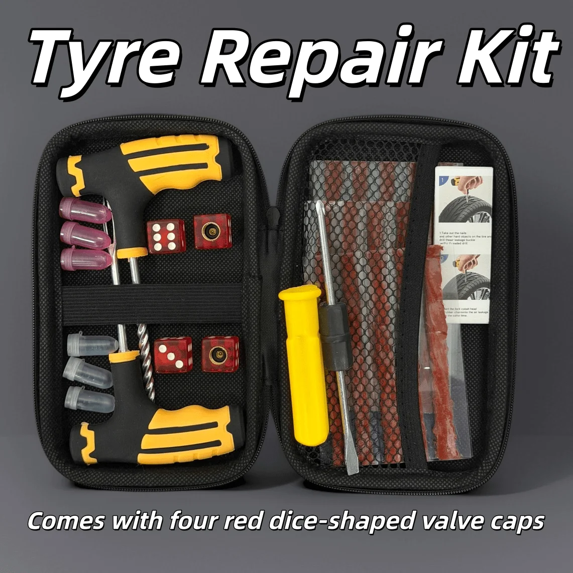 Tyre Repair Kit, Red Dice Valve Caps, T-Handle Reamer Plugger and Screwdriver, Repair Strings, Screw Plugs, Car Scooter