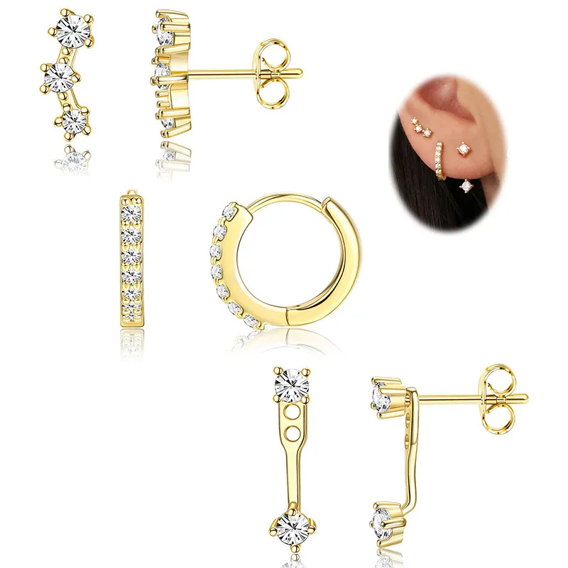 Brass real gold plating, hot-selling, drop-shaped circle zircon stud earrings personalized six-piece set