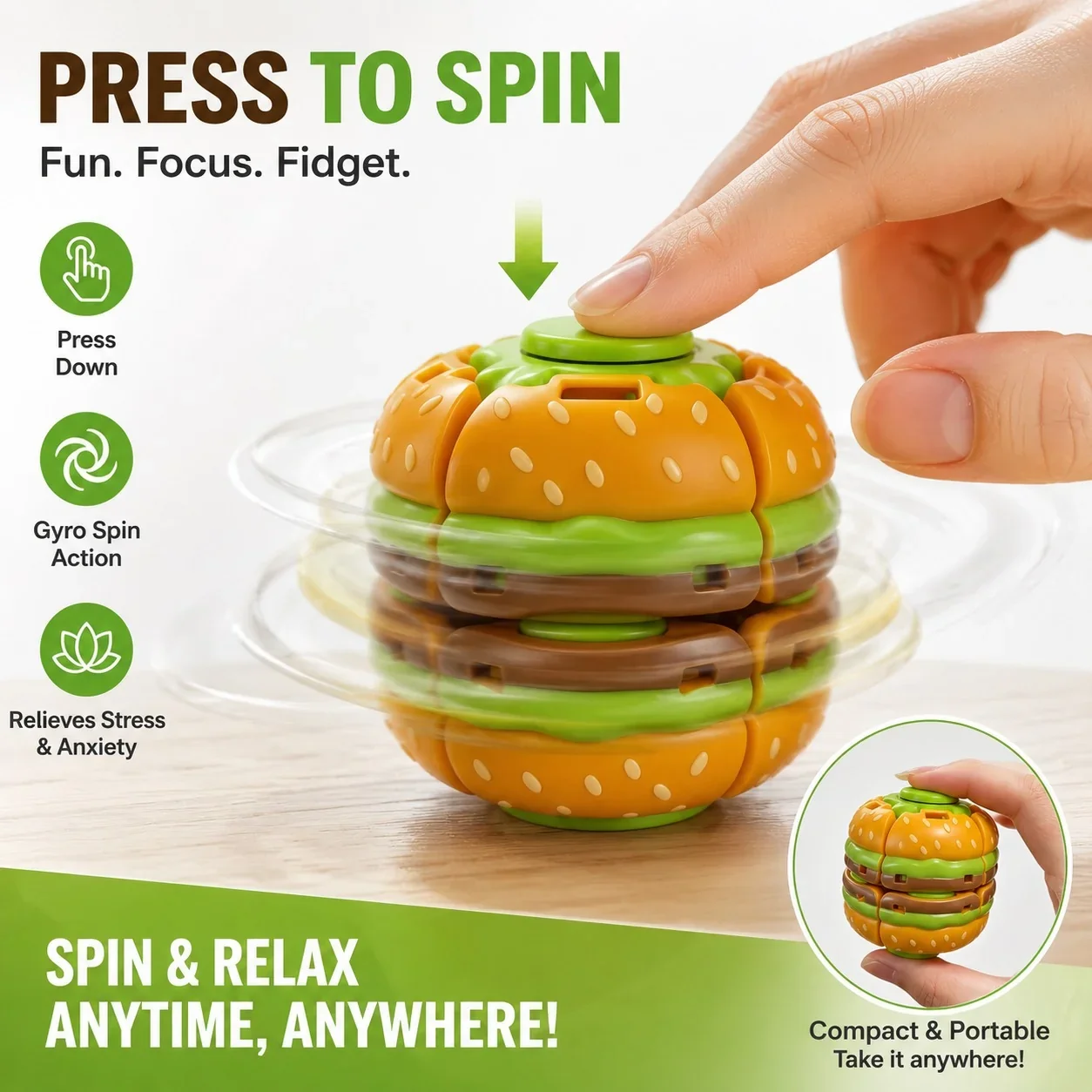 Burger Fidget Spinner Cube Press Launch Rotatable Gyro Ball Anti‑Anxiety Decompression Toy Hand Relax Desktop Ornament Gift